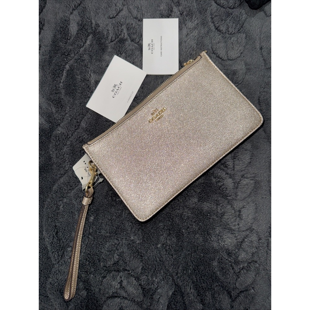 Coach Metallic Leather Wristlet Clutch Gold Zip Pouch Authentic